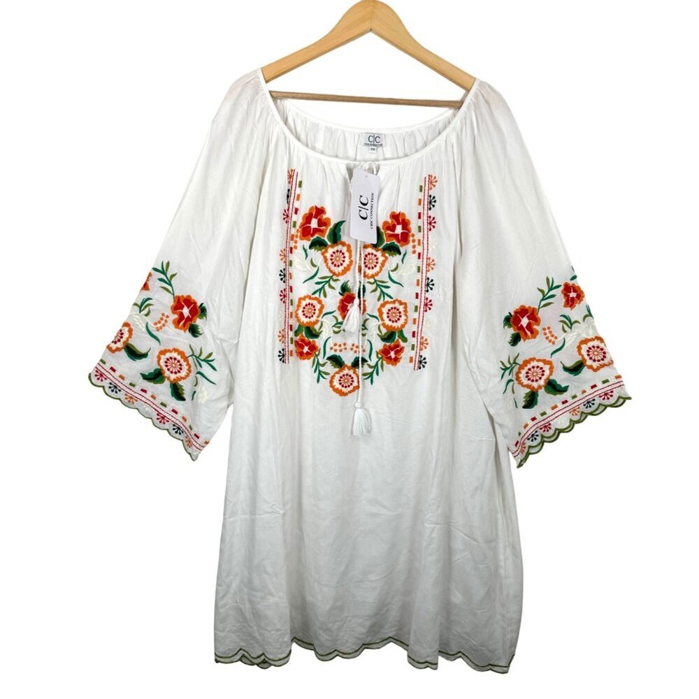 Chic Connection White w/ Red‎ Embroidered Keyhole Tie Neck Tunic Dress 2X